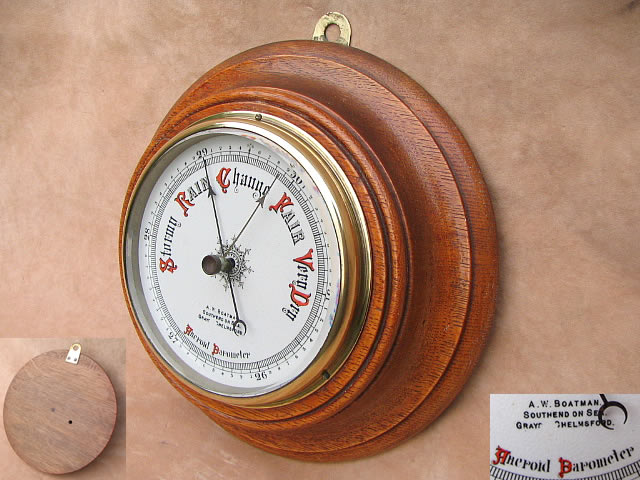 Oak cased aneroid barometer by A W Boatman, Southend, circa 1890